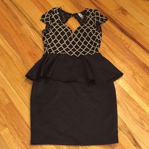 Black and Cream Lace Contract Peplum Dress